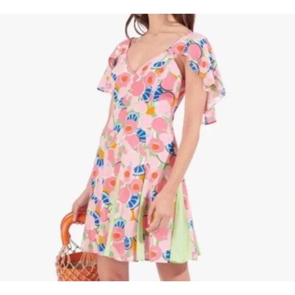 NWT Staud Chiquita Dress 0 Flutter Peach Pink Pleated Floral Fit & Flare NEW - Picture 1 of 7